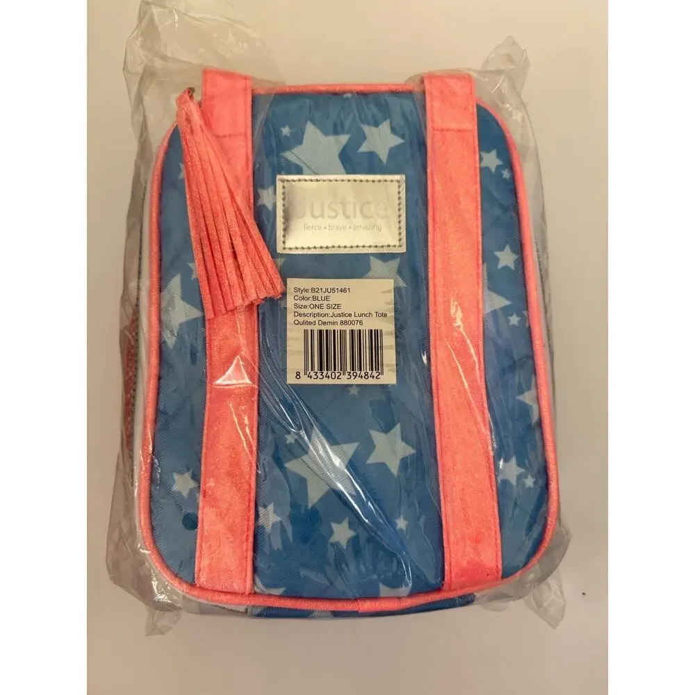 Justice Quilted Denim Stars Insulated Handle Lunch Bag Lunch Tote Lunch Box
